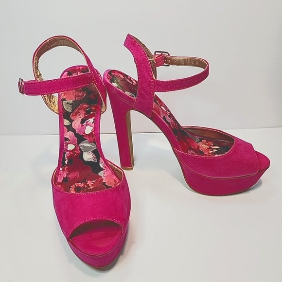 SHI BY JOURNEYS WOMEN 6 PLATFORM STILETTO SHOES, Fusia Pink Faux Suede Peep Toe - Picture 1 of 14